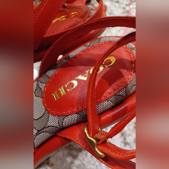 COACH Quincey Signature Logo Ankle Strap Dress Sandals Red Leather NEW - Picture 10 of 14